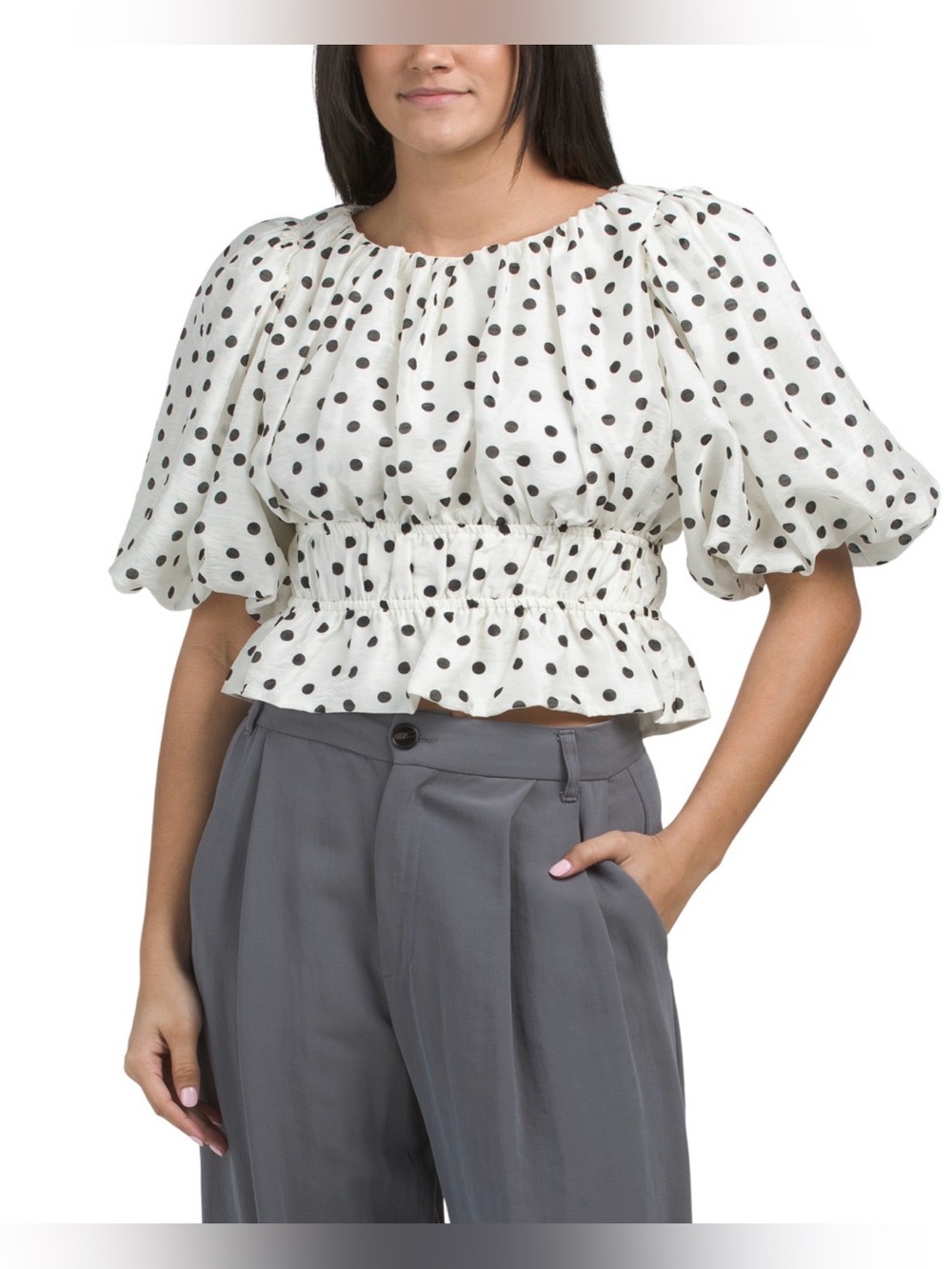 NWT JOIE Polka Dot Puff Sleeve Smocked Crop Top - White with Black Dots LARGE